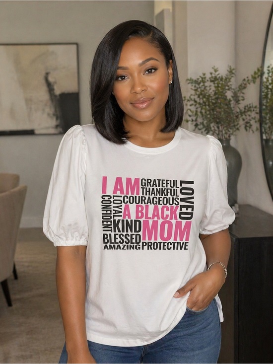 Amazon Essentials Tops - Mother’s Day White Graphic Puff-Sleeve Tee with Pink & Black Text